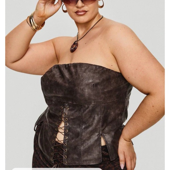 Princess Polly Tops - Princess Polly Afraid Strapless Faux Leather Top Brown‎ Lace Up Corset Size 14